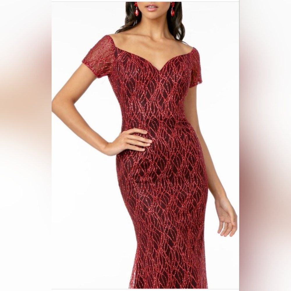 Burgundy Glitter Tulle Short Sleeve Mermaid Long Dress